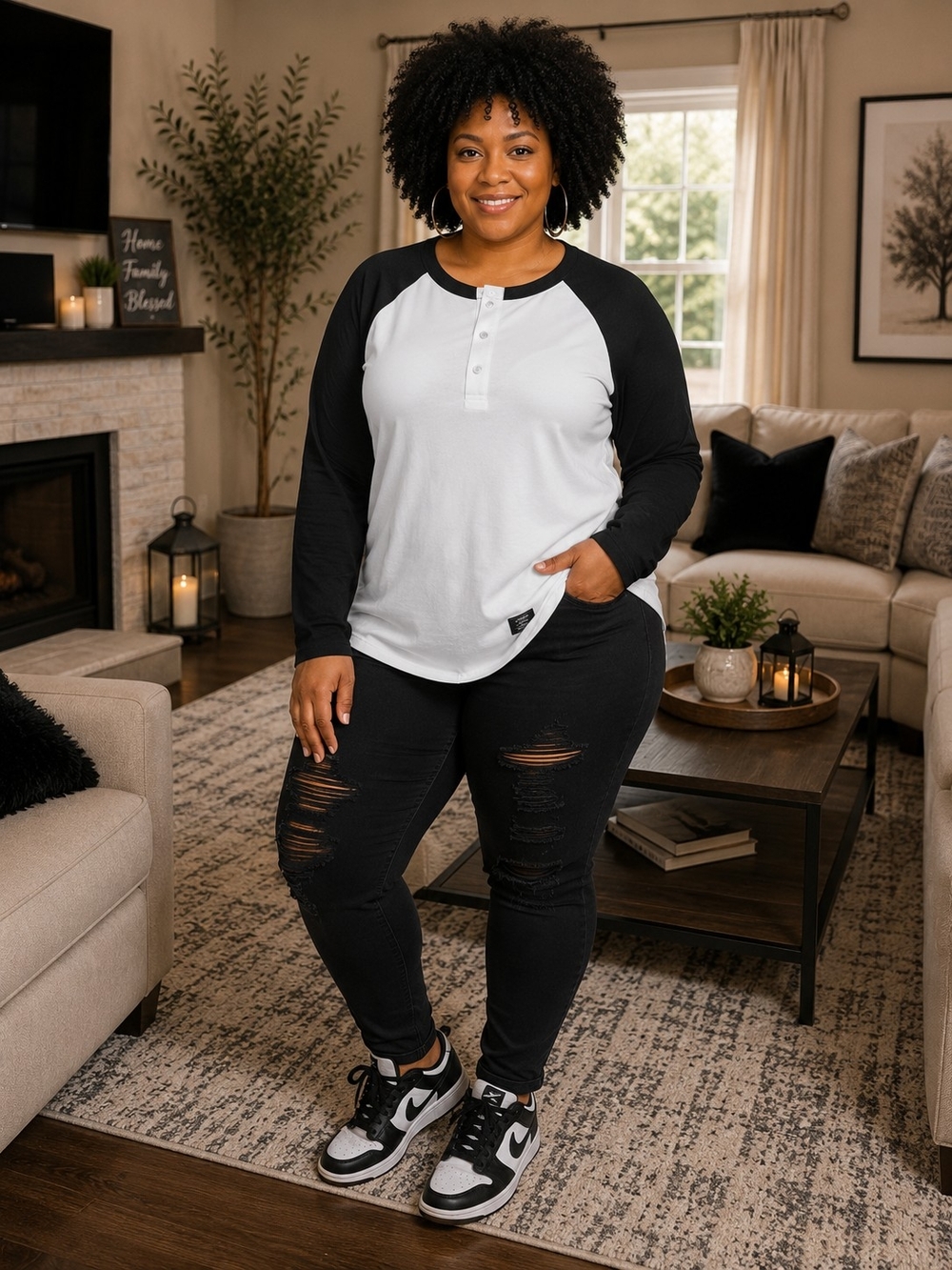 Raglan Henley Long-Sleeve Top - White/Black